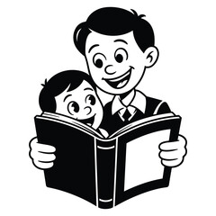 Cartoon father reading book to child, black and white illustration of family bonding and education
