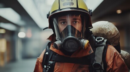Fototapeta premium Firefighter preparing gear for an emergency response. Featuring readiness and urgency