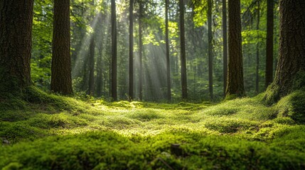 Fototapeta premium Sunbeams illuminate forest floor, highlighting mossy trees and serene woodland scene