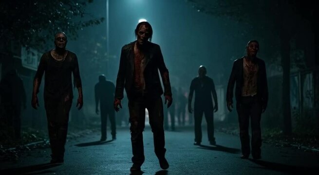 zombies walking in the street in the nigth