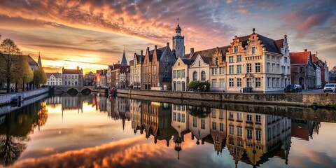 Fototapeta premium Bruges Canal, Ancient Buildings, Belgium - Calm Water, Charming Cityscape