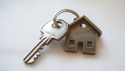 A detailed close-up of a key attached to a house-shaped keychain on a white surface.