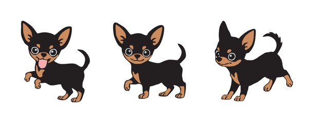 Set of cute Chihuahua small puppy dog in different poses. Hand drawn Flat vector illustration isolated on transparent  background