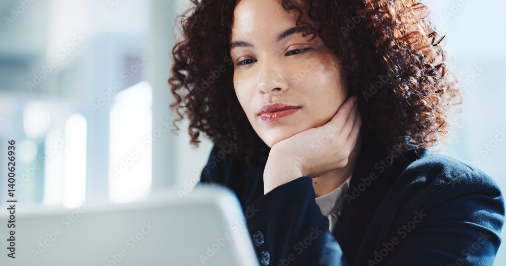 Poster thinking, tablet and research with business woman in office for problem solving, financial advisor a