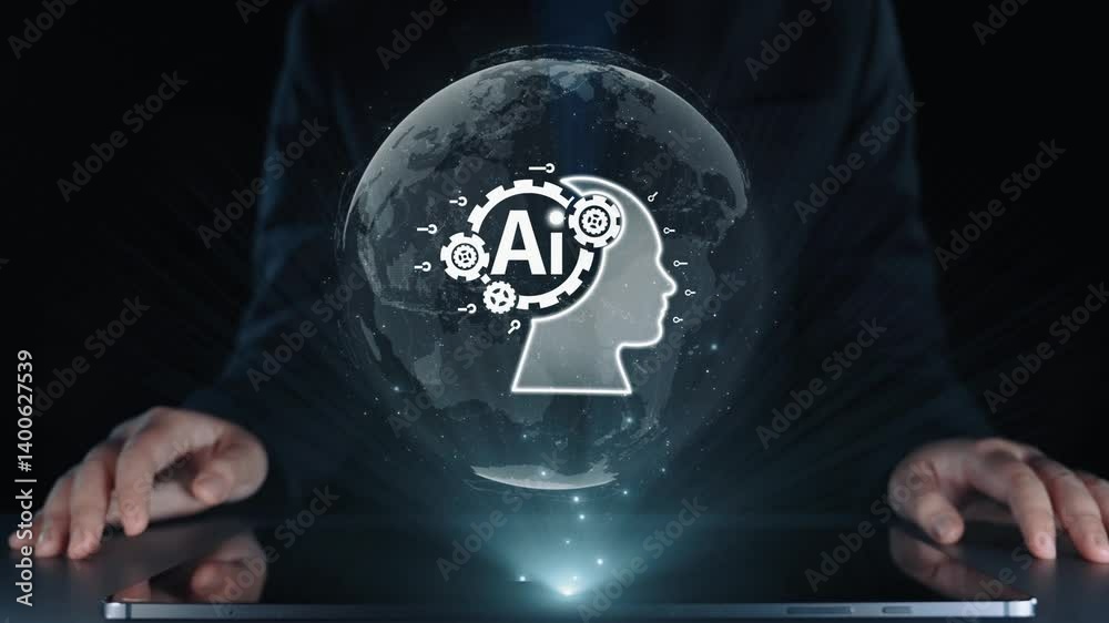 Poster human interact with ai artificial intelligence brain processor in concept of ai artificial intellige
