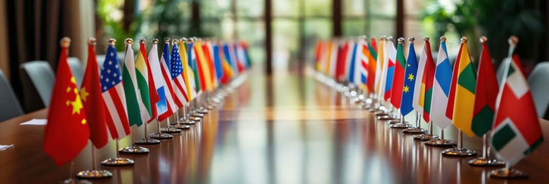 Mini flags of different countries line a negotiation table in a formal diplomacy setting, symbolizing international discussions and collaboration