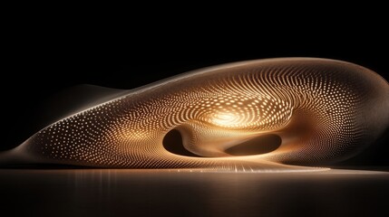 Abstract architectural design.  Organic, flowing form with illuminated interior.  Dynamic, futuristic structure