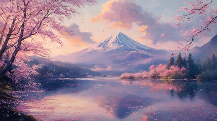 Impressionist oil painting of Mount Fuji at sunrise, swirling brushstrokes capturing the soft pink and purple hues of dawn, cherry blossom petals scattered across the wind,