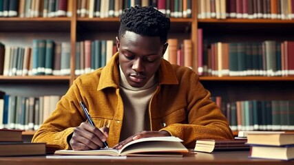 A young male student is deeply engaged in writing. He sits at a table surrounded by books, showcasing a serene library environment. This image captures a moment of concentration and learning. AI