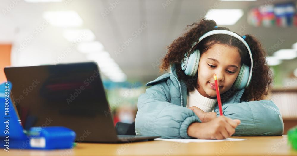 Poster student, child and writing with laptop for e learning, video call or online class for knowledge. vir