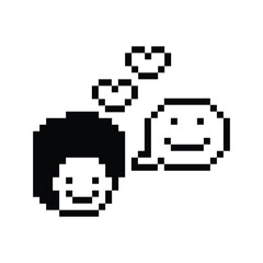 Obraz premium Cute pixel cartoon 8bit character man feel love happy happiness heart emotion decoration in love 8 bit male boy happy favorite like mood game isolated PNG vector.