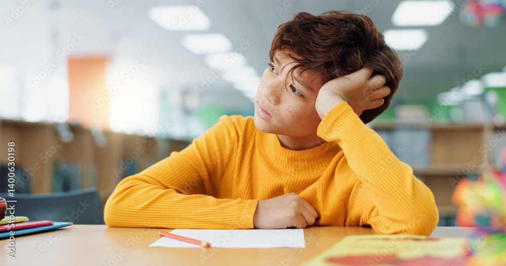 Poster Thinking, kid and student in library at school for planning, ideas and studying of learning solution. Bored, boy and lazy child with thoughts of education burnout, problem solving and exam reflection