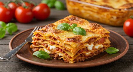 Fototapeta premium Lasagna with Bolognese Sauce & Basil - Italian Comfort Food