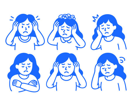 stressed woman doodle cartoon drawing vector illustration set

