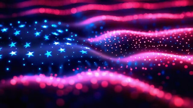An abstract interpretation of the United States flag with glowing stars and neon stripes in motion. Concept of American pride, patriotism, and futuristic national identity.
