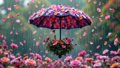An artistic interpretation of a floating umbrella covered in flowers, surrounded by a gentle rain that nourishes them.