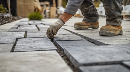 Landscaper installing large stone pavers in an outdoor plaza. Featuring precision and aesthetic design