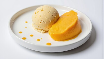 Fototapeta premium Delicious mango sorbet and vanilla ice cream on a white plate 