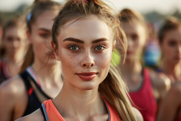 Fototapeta premium Focused female athlete in marathon race wearing orange sportswear with determined expression, generative ai