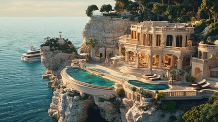 Cliffside mansion, infinity pool, yacht, sunset, coastal luxury, real estate