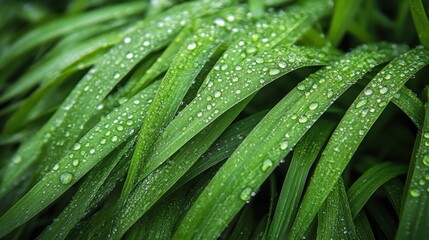 Morning Dew Droplets Glisten on Fresh Green Grass Blades in a Tranquil Soft Focus Setting Generative AI