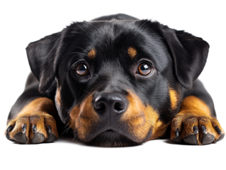 A high-resolution studio photograph full body shot of an smile adorable Rottweiler dog on a pure white background,