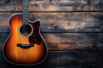 Obraz premium Guitar resting on textured wood, strings glinting in soft light.