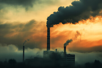 Factory with smokestaks pumping smoke pollution emissions into air lack of environmental concern environment at sunset	
