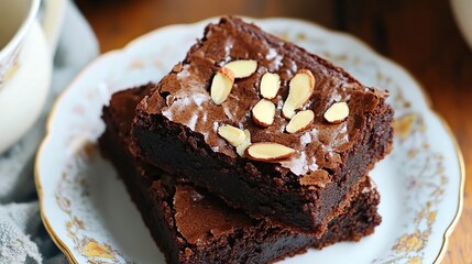 Fudgy brownies topped with almond chunks and a rich chocolate drizzle