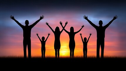 A joyful family silhouetted against a vibrant sunset, celebrating together with raised hands, symbolizing unity and happiness.