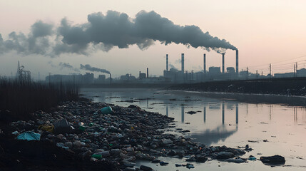 Factory with smokestaks pumping smoke pollution emissions into air lack of environmental concern environment at sunset	
