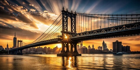 Fototapeta premium Black and White Silhouette of Manhattan Bridge at Dawn, NYC Skyline