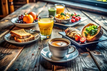 Black and White Cafe Breakfast Still Life: Juice, Bread, and Coffee