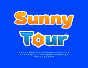 Vector Creative Advertisement Sunny Tour with Decorative Sun. Fashion Blue  Font. Digital Blue sticker Alphabet Letters and Numbers set.