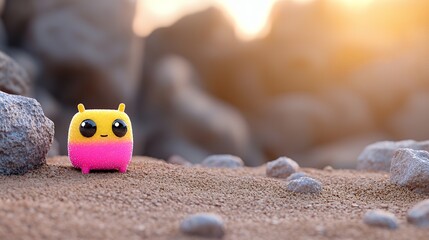 Obraz premium Cute alien character on sandy landscape at sunset