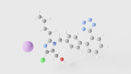 losartan potassium molecule 3d, molecular structure, ball and stick model, structural chemical formula antihypertensive agent