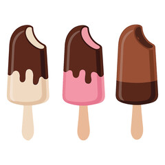 Three bitten ice cream popsicles with chocolate coating, colorful cartoon dessert illustration