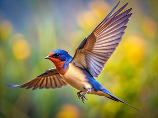 Fototapeta premium Barn Swallow in Flight: Side View, Spread Wings, Nature Photography
