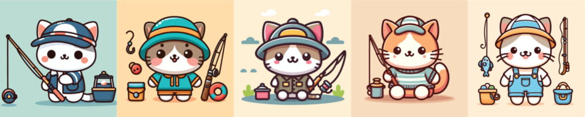 collection of cute vectors of cats in fishing clothes while fishing