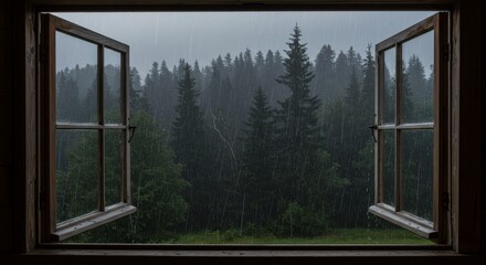 Rainy Forest View From Open Window - A tranquil scene of rain falling on a lush forest, viewed from an open window. Dark, moody atmosphere