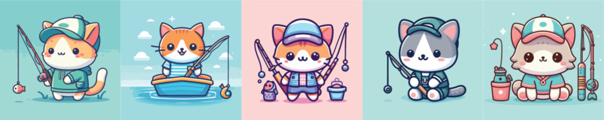 collection of cute vectors of cats in fishing clothes while fishing