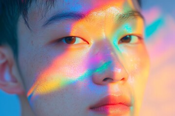 Portrait of an asian man with rainbow light on her face. Glowing skin. Colorful art beauty.