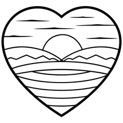 Heart-Shaped Lake at Sunset - Minimal Line Art