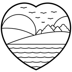Heart-Shaped Lake at Sunset - Minimal Line Art