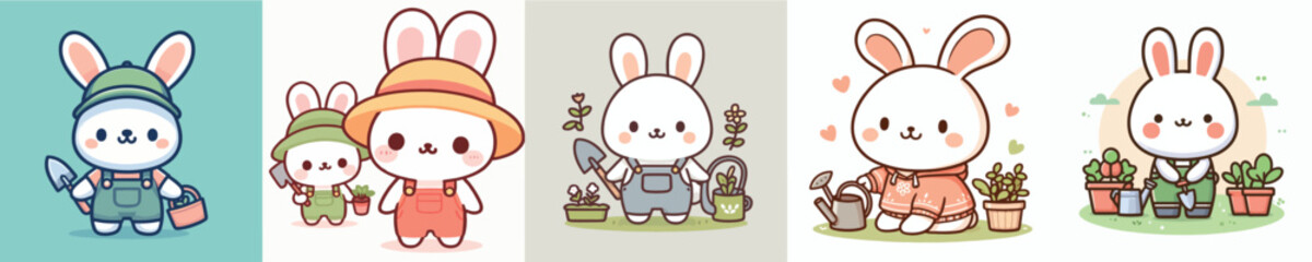 cute vector collection of rabbits gardening