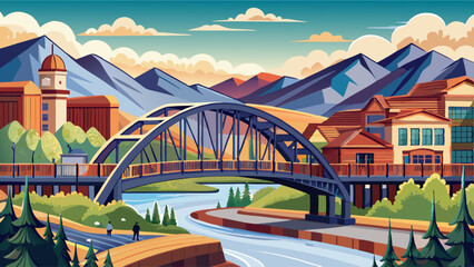 Fototapeta premium Aerial panorama of Missoula, Montana, above Beartracks Bridge. Missoula is a city in and the county seat of Missoula County, Montana. It is located along the Clark Fork 