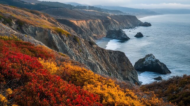 Coastal Cliffs ablaze in Autumnal Hues: A Serene Landscape