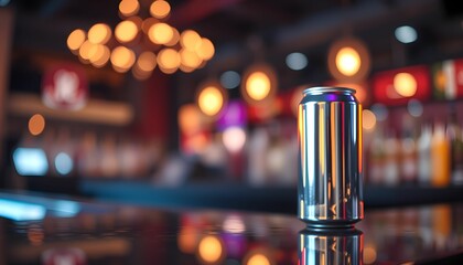 Glowing blue glass vase, blurred neon lights background, bar counter, nightclub atmosphere, bokeh effect, reflective surface, moody lighting, cylindrical shape, transparent object