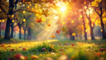 Fototapeta premium Autumn Meadow: Falling Leaves with Bokeh Effect - Stunning Nature Photography