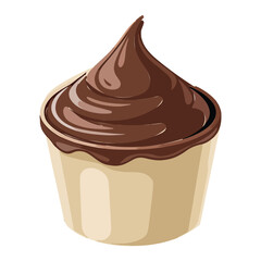 Chocolate cream dessert in paper cup, sweet cupcake treat illustration with rich swirl topping